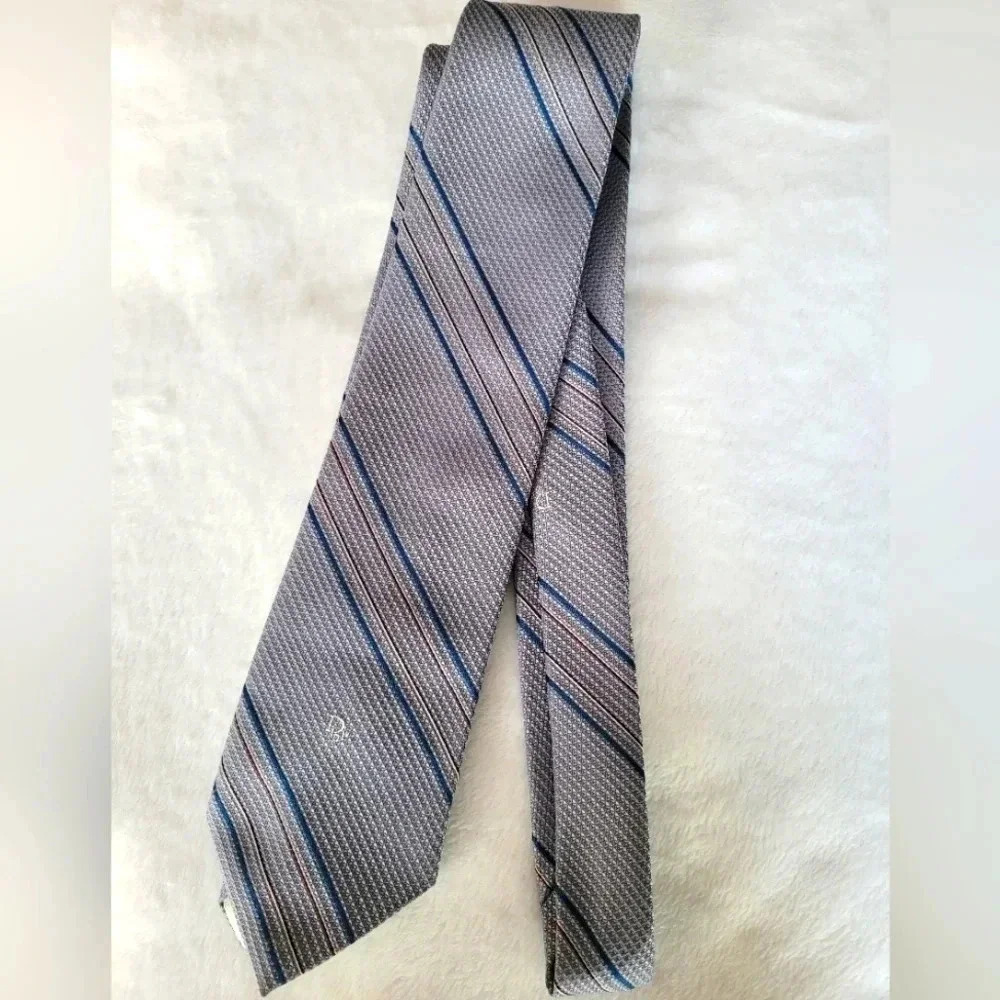 CHRISTIAN DIOR vintage men's gray blue red white striped career office necktie